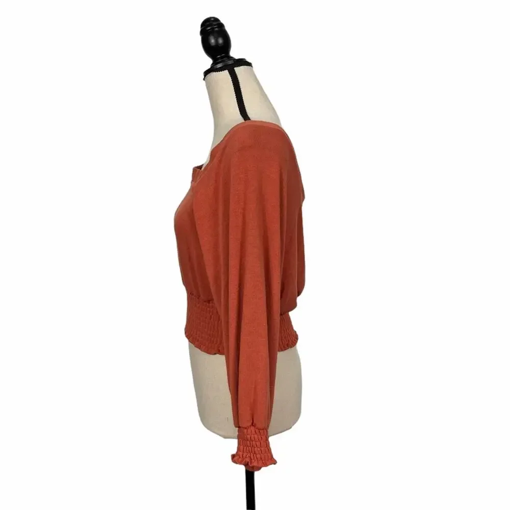 Free People Smocked Waist Long Sleeve Top Copper Size XS NEW